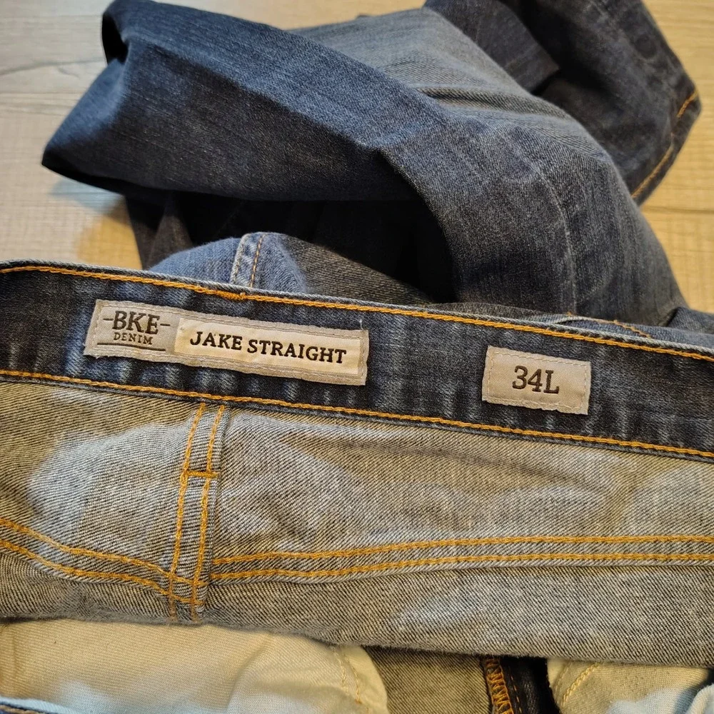 BKE Denim Jake Straight Mens Dark Wash Blue Jeans 34L Stretch Straight Leg
